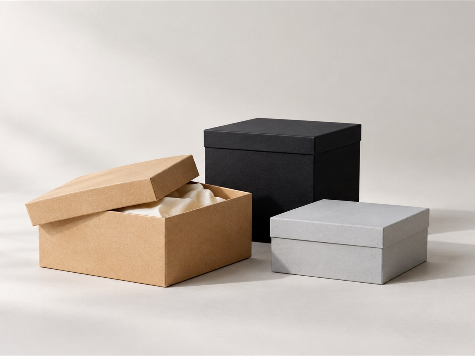 Rigid packaging boxes in warm neutral tones arranged on a production workbench