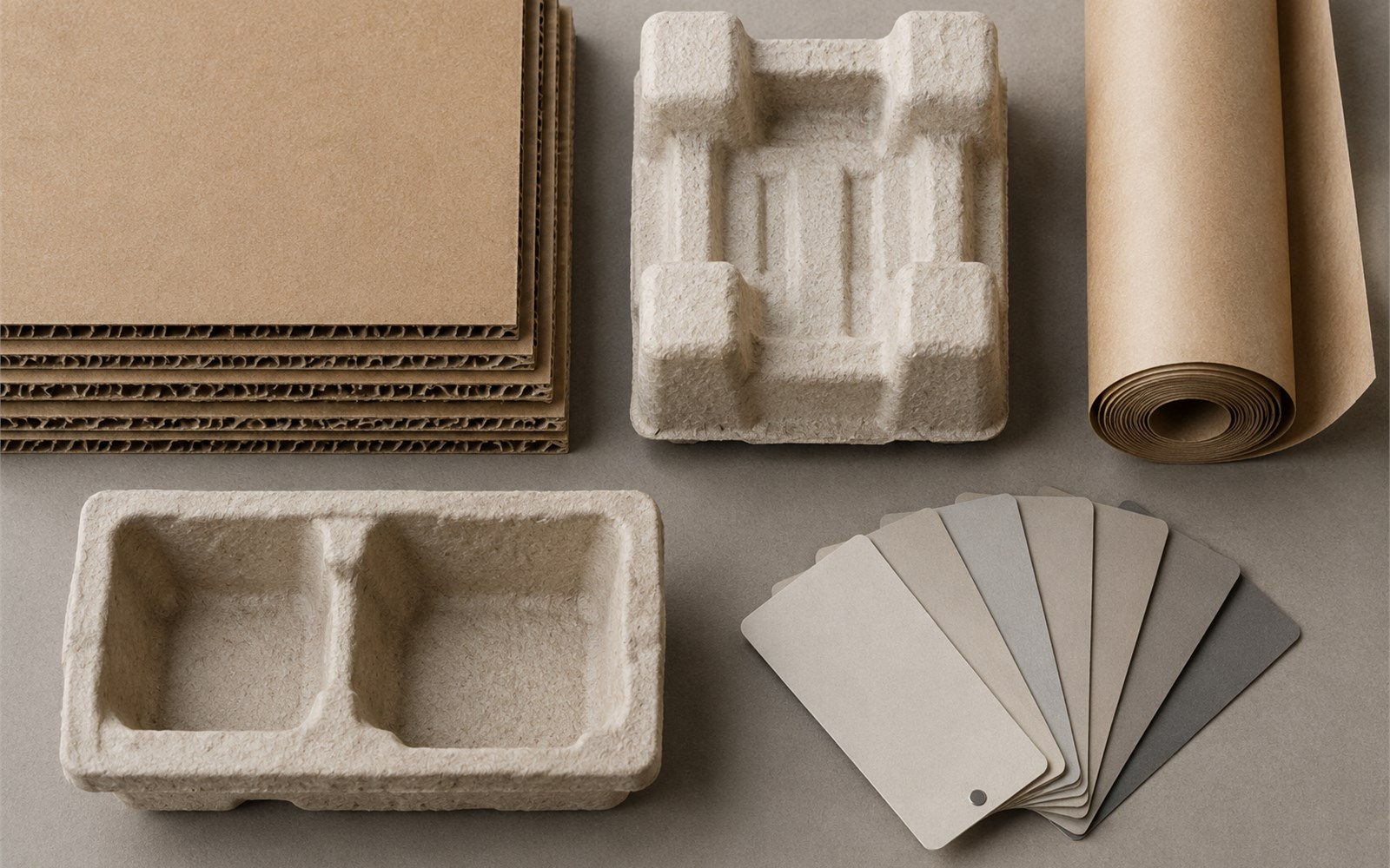 FSC-certified paperboard, kraft, and recycled pulp swatches arranged as a material library