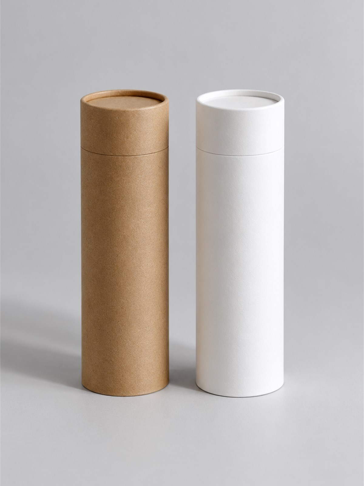 Cream paper tubes with foil-stamped caps arranged upright on a paper-toned surface