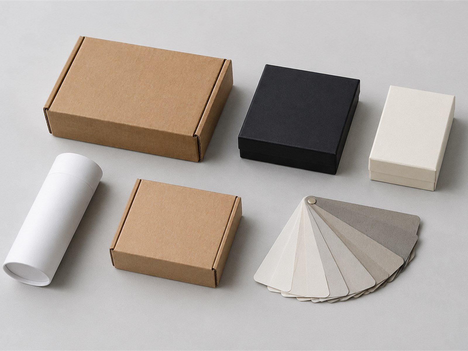 NORTHBOX sample kit with board swatches, finish cards, and miniature die-line boxes